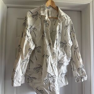 Anthropologie White and Green Button Down Tropical Print Shirt